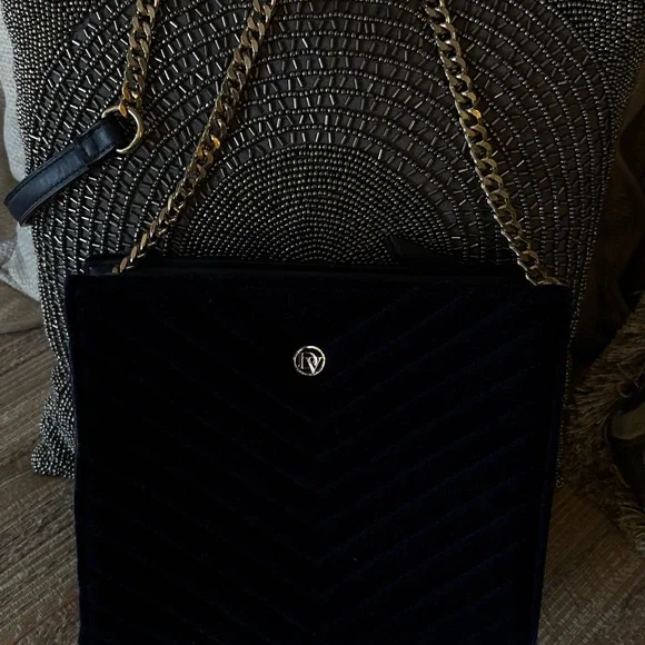 LaDiva Navy Velvet Shoulder Bag with Gold Chain crossbody - Picture 8 of 11